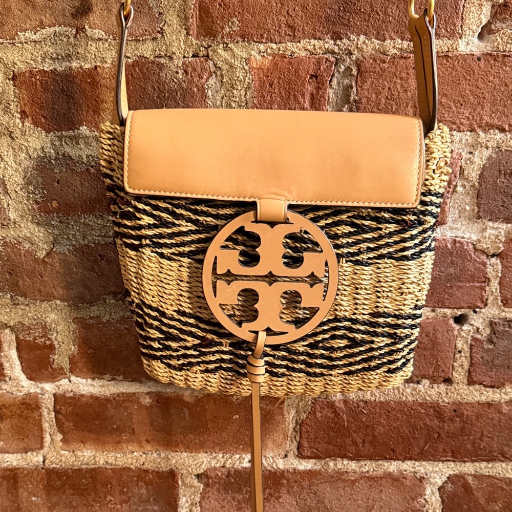 Tory Burch Black and Tan Woven Crossbody Bag
